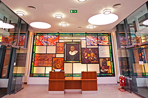 Stain glass donor wall in the William Harvey Heart Centre. Stain glass donor wall in the William Harvey Research Institute.